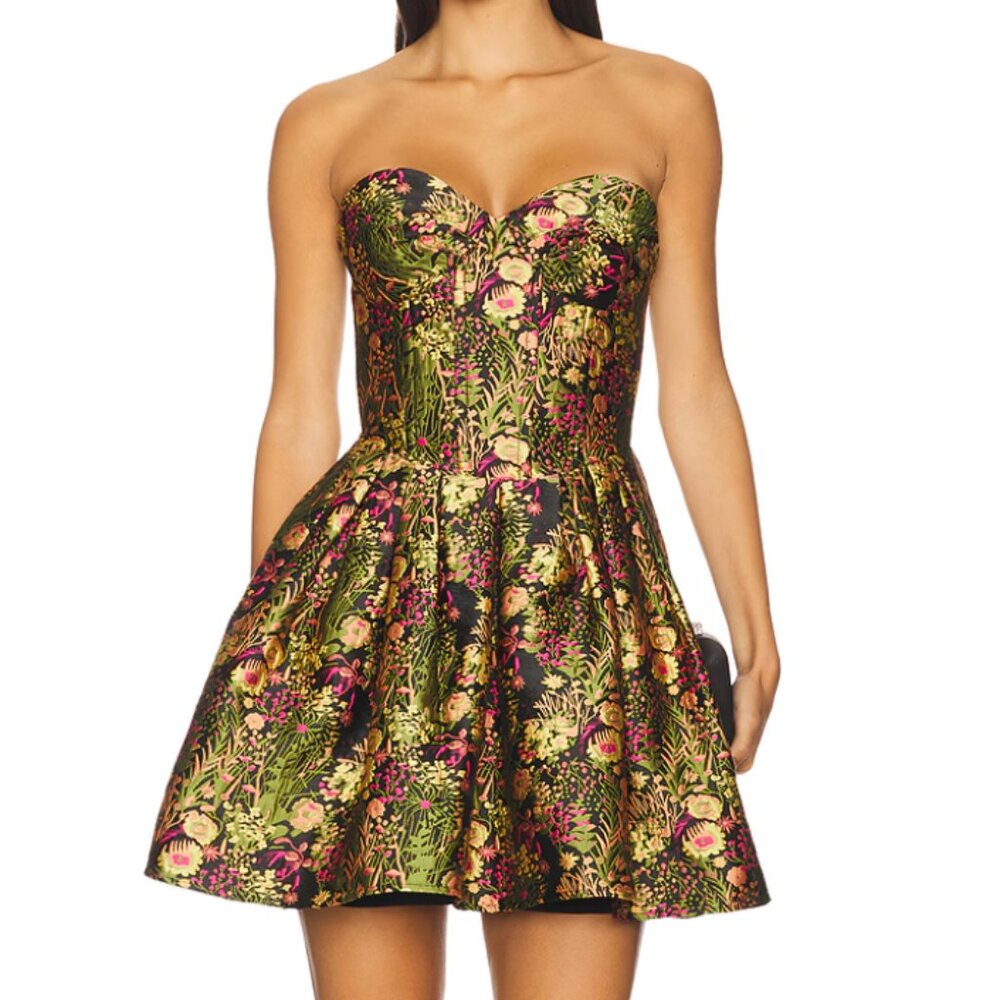 Elliatt Strapless Floral Brocade Mini Dress in Black, Gold & Pink